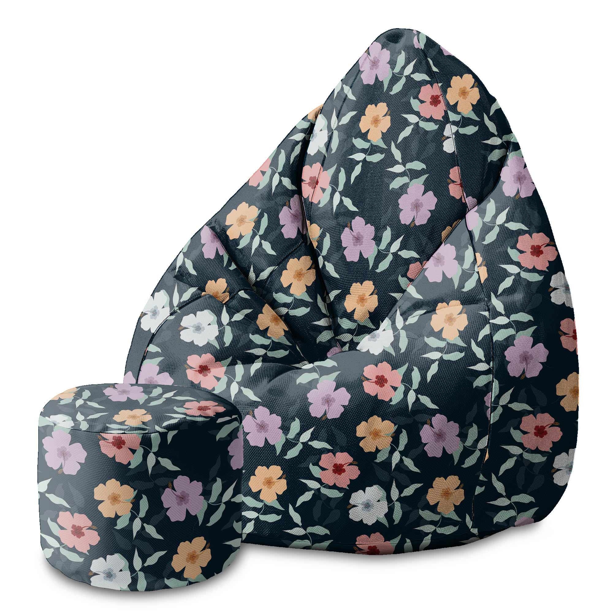 Kulatá taburetka podnožka Simple Flowers na námořnické modři