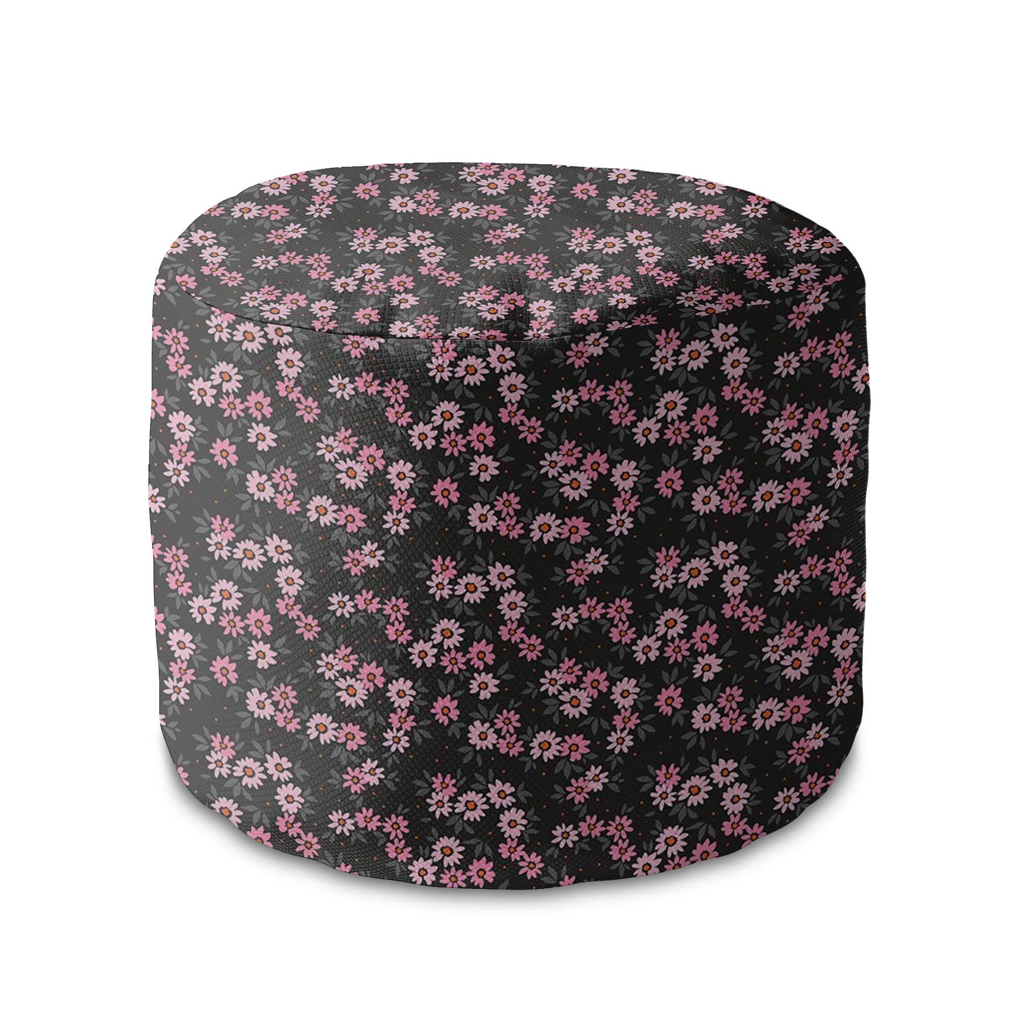 Round Pouf Footstool Pink Flowers Pattern-Velvet