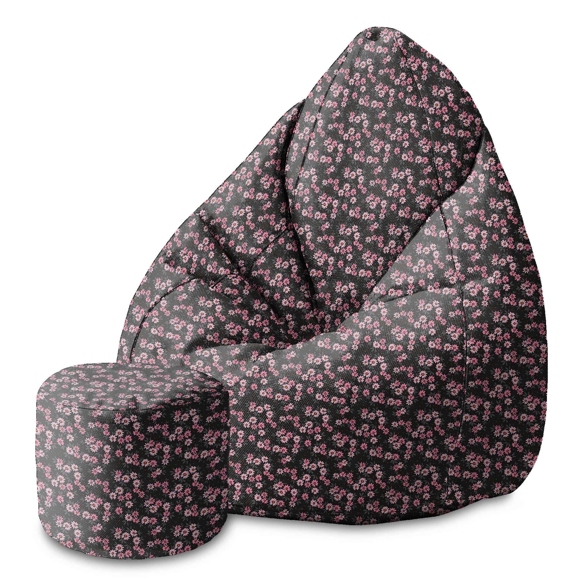 Round Pouf Footstool Pink Flowers Pattern-Velvet