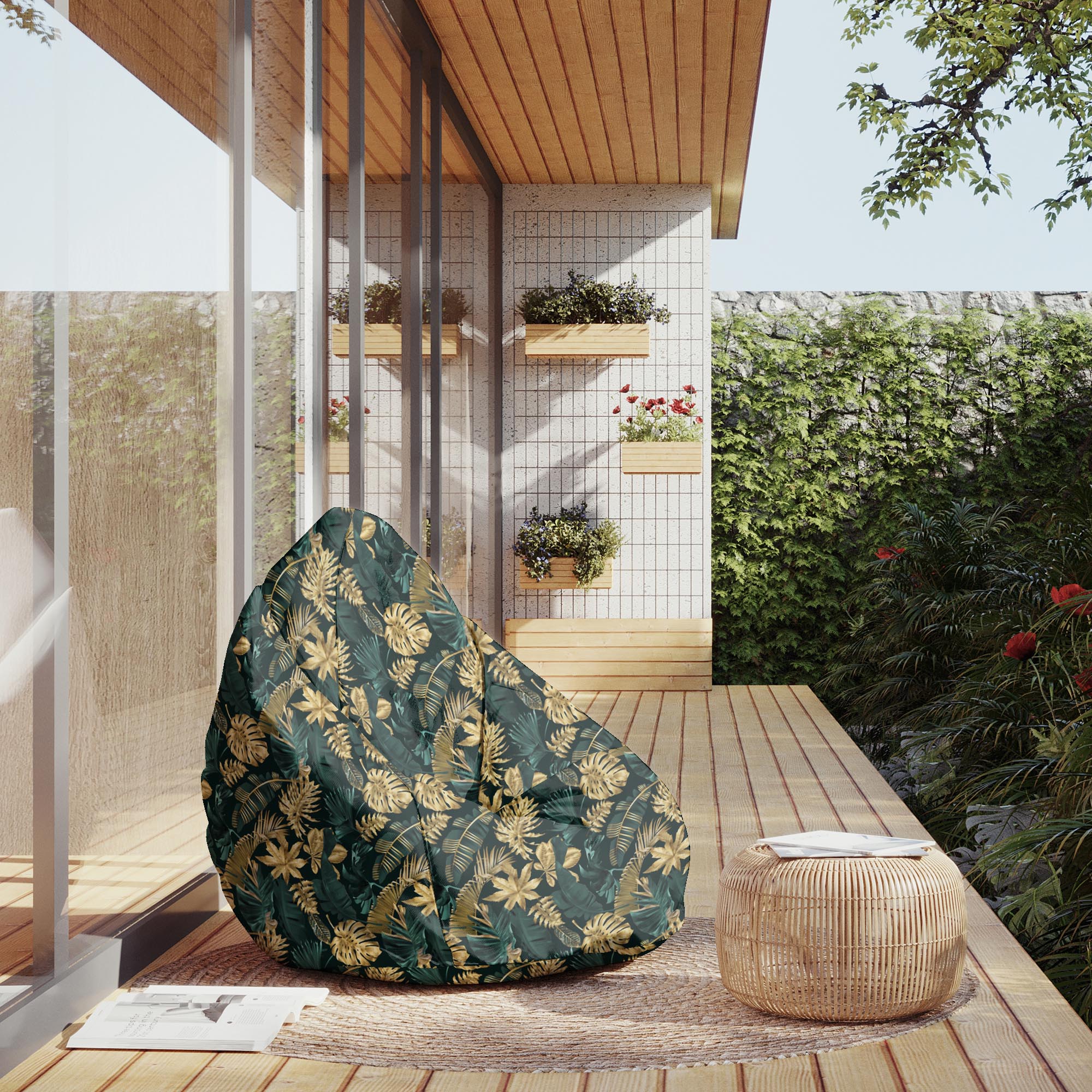 Puf Pearshape Monstera Gold Green-M-Velvet