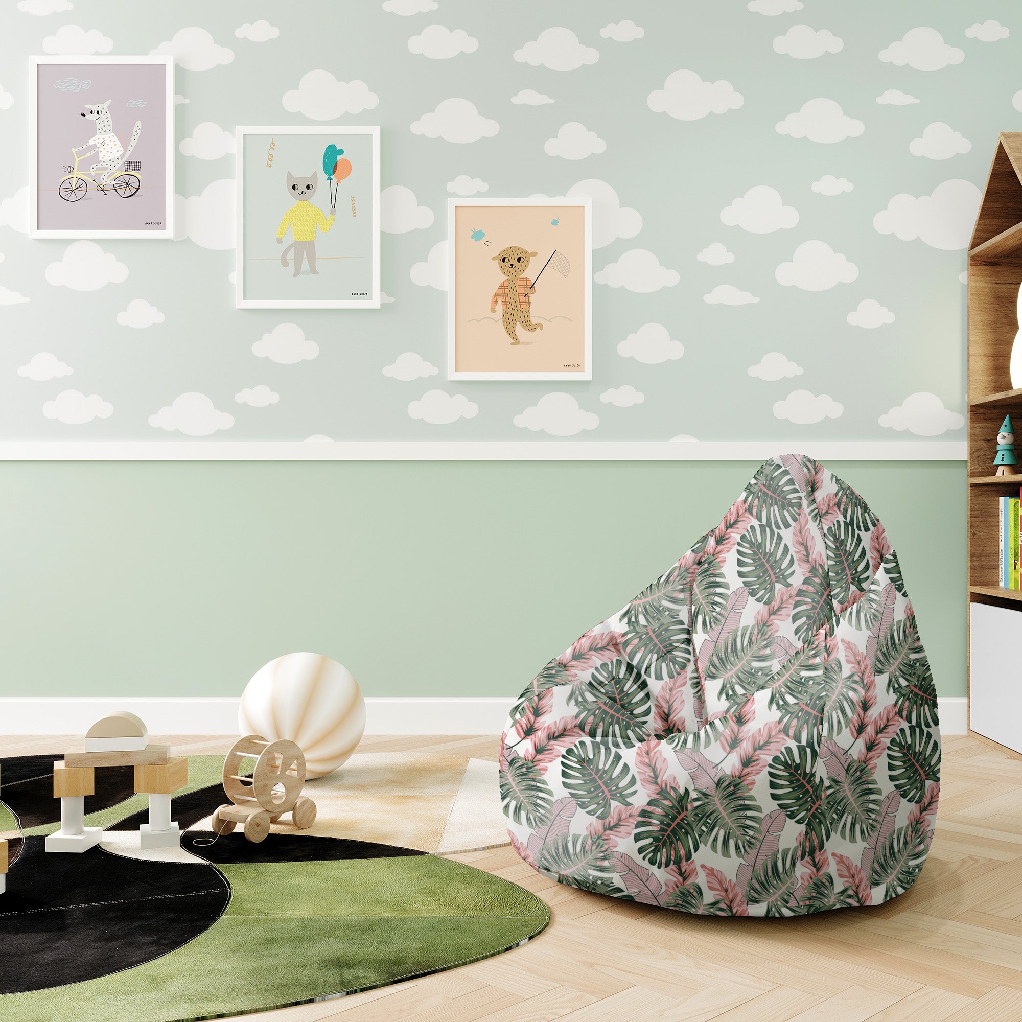 Pearshape Pouf Tropical Pink and Green Leaves-S-Velvet