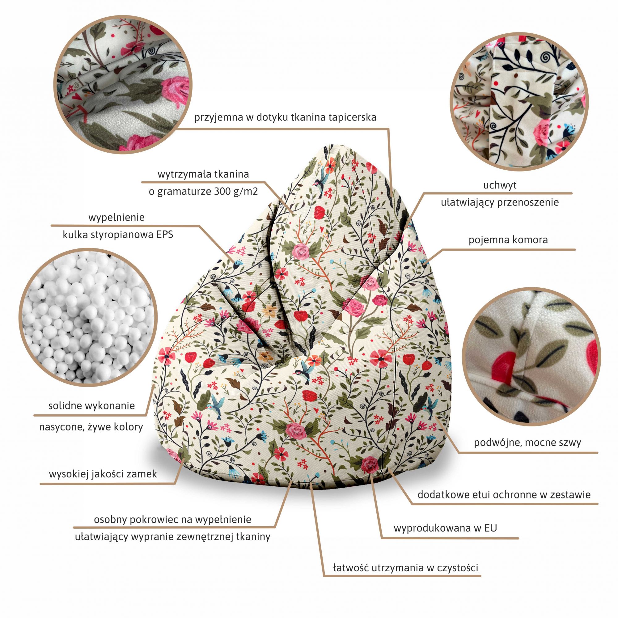 Pearshape Pouf Tropical Pink and Green Leaves-S-Velvet