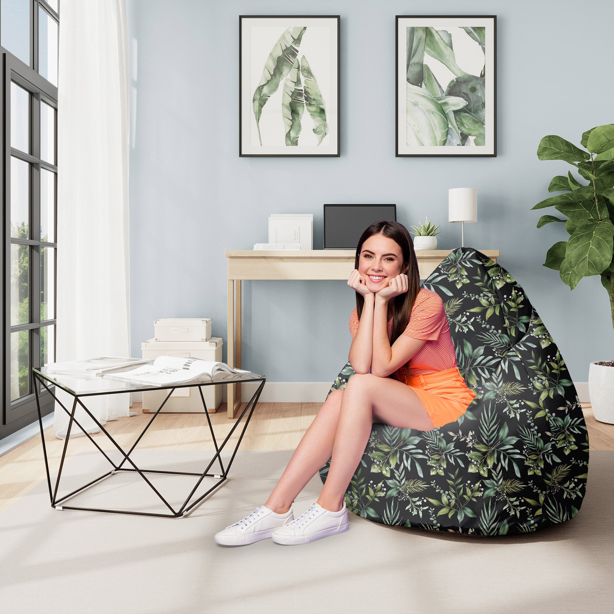 Pearshape Pouf Watercolor Elegant Floral-M-Oxford