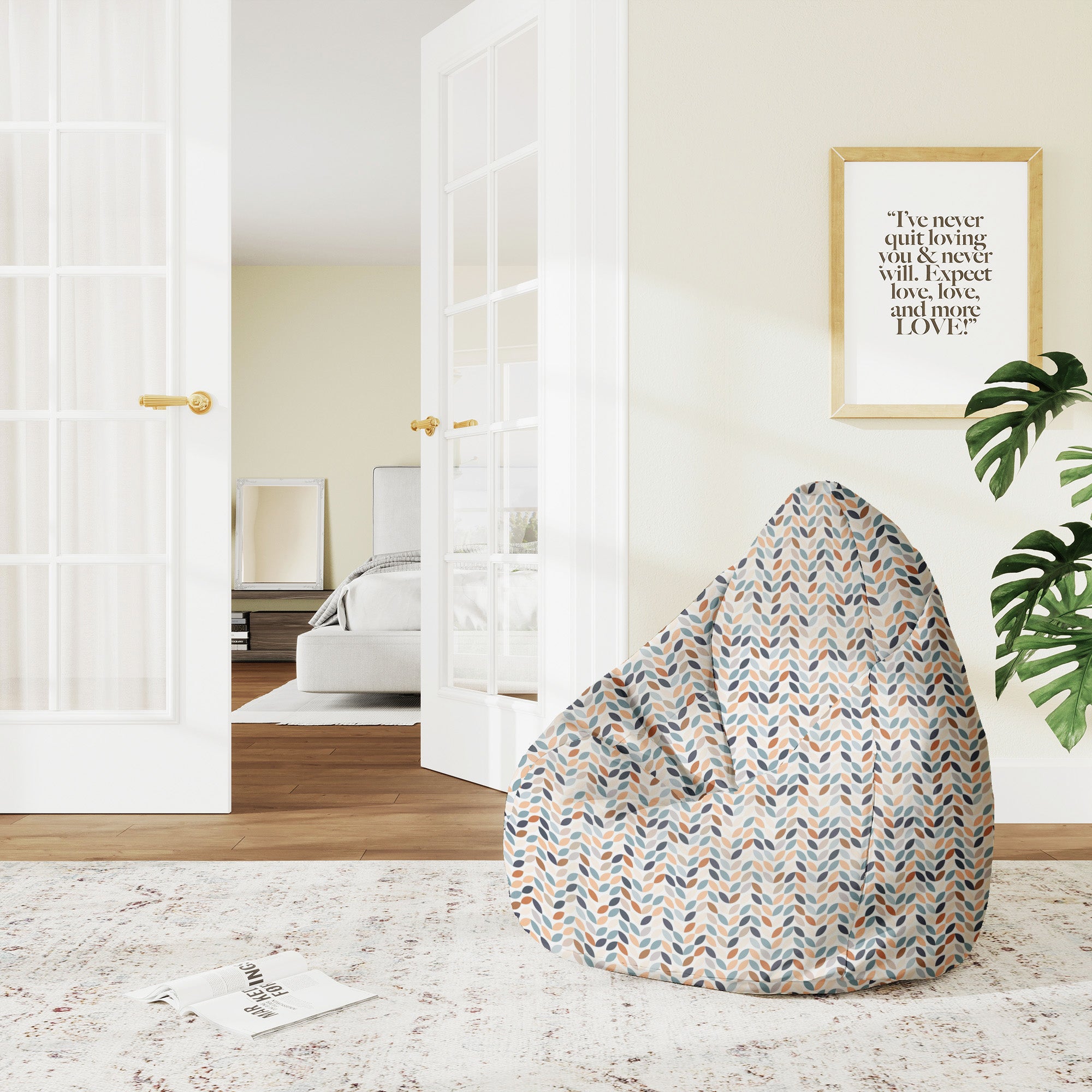 Pearshape Pouf White Leaves-M-Oxford