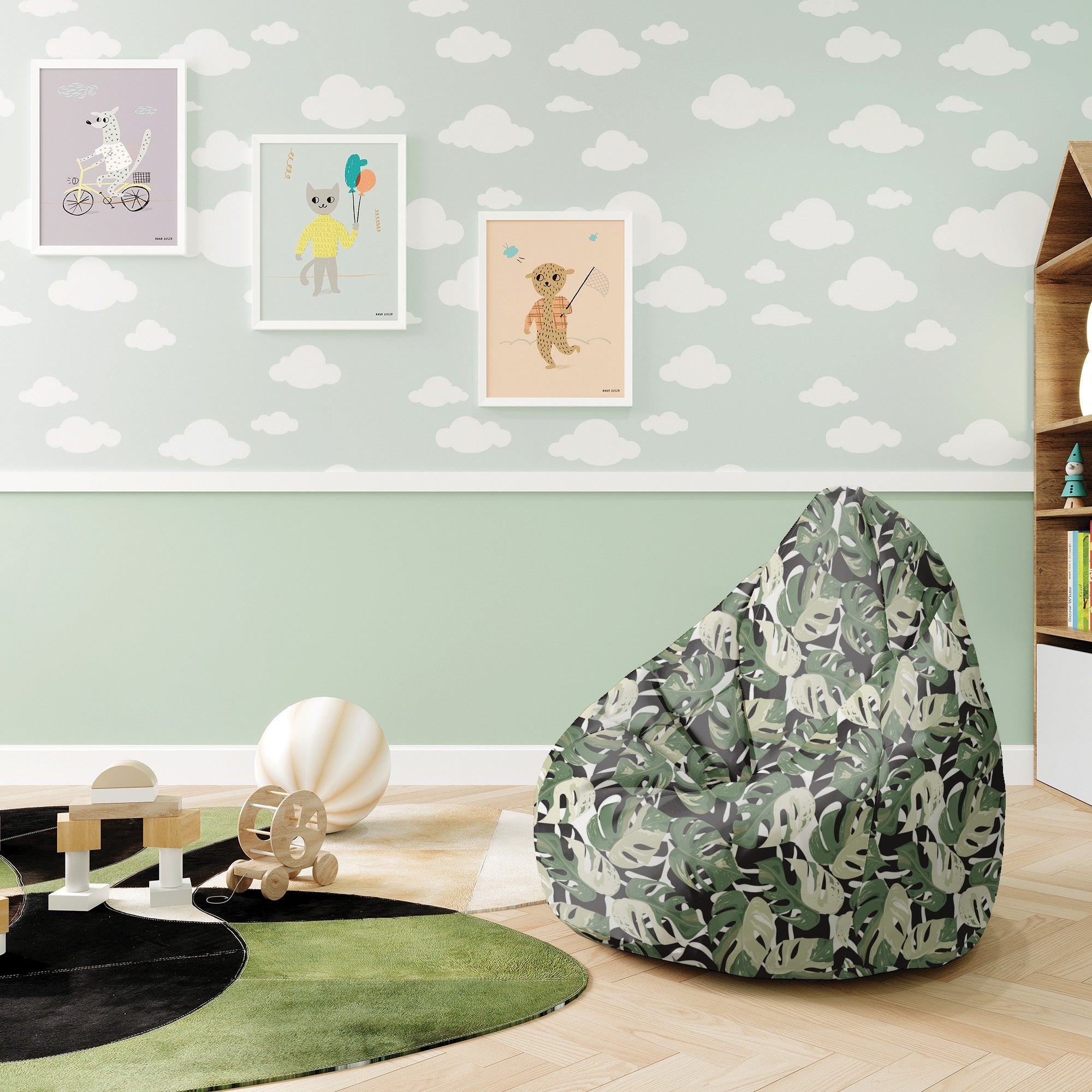 Sedací vak Pearshape Zeleno-Čierna Monstera