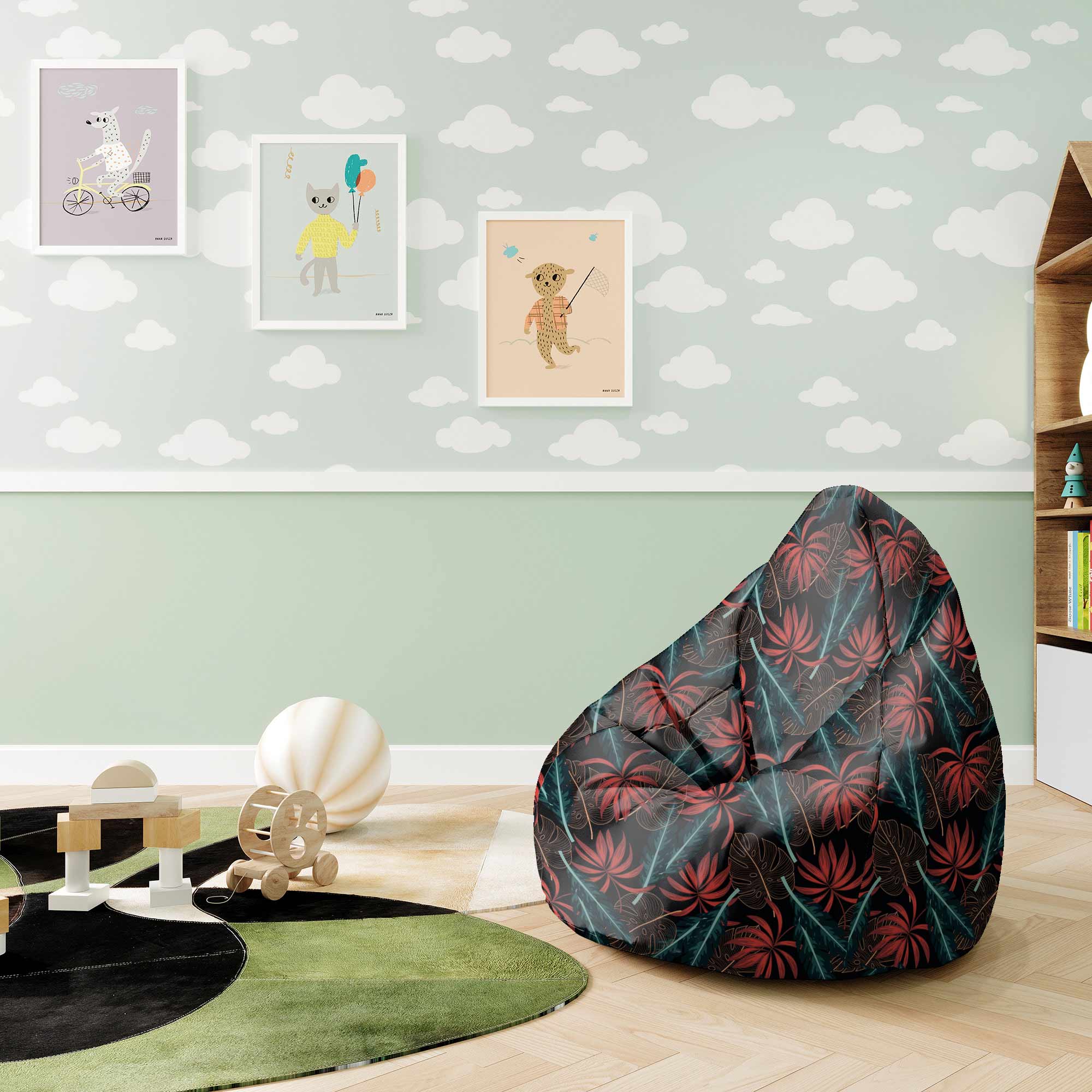 Puf Pearshape Exotické listy na tmavom-S-Oxford