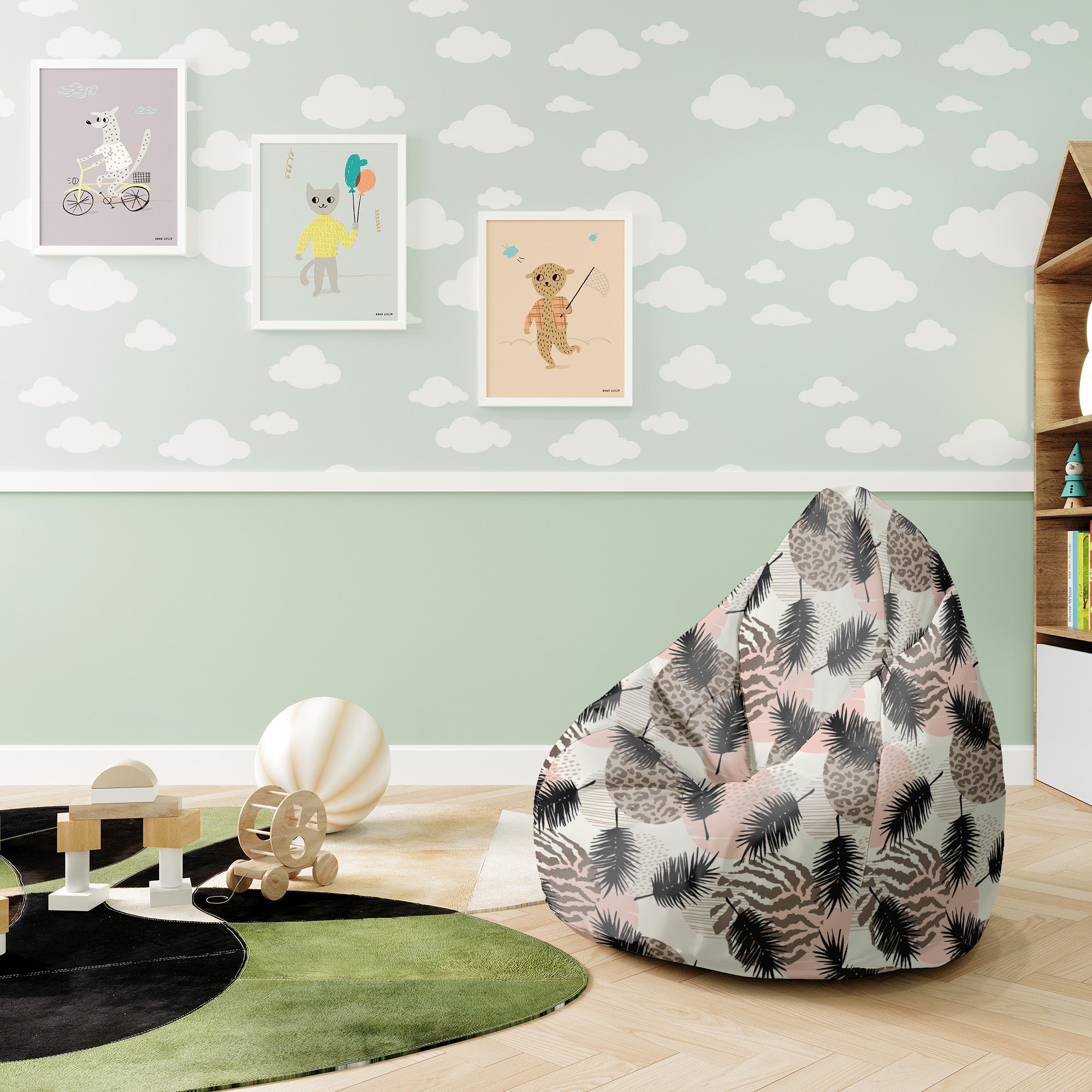 Puf Pearshape zvířecí a tropický geometrický vzor