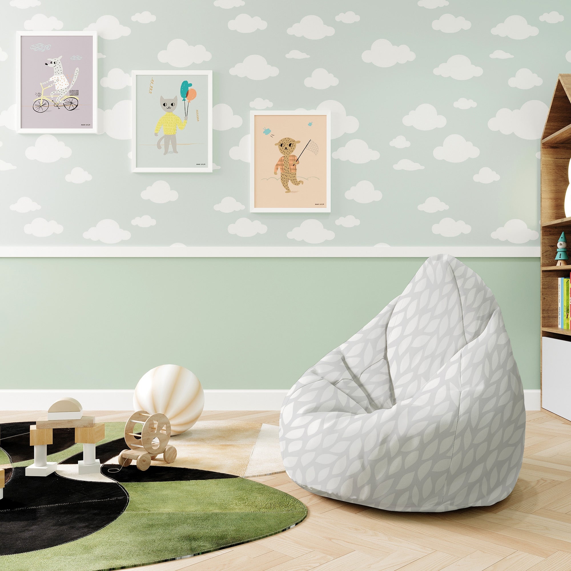 Puf Pearshape Graue Abstrakte Blätter-S-Samt