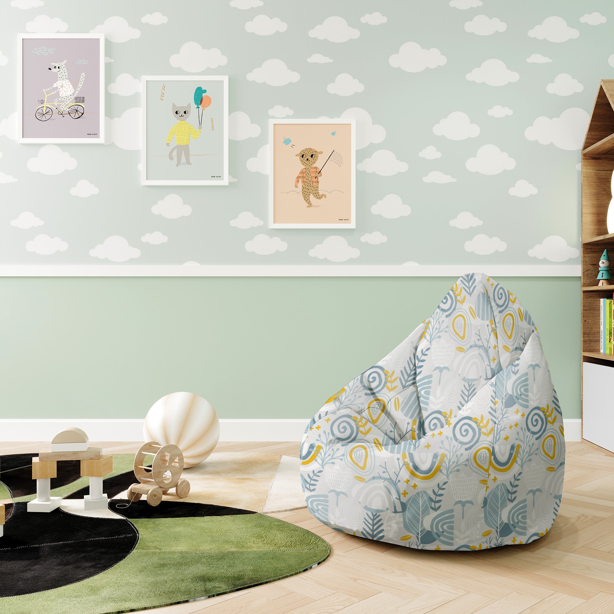 Puf Pearshape Grey Floral Pattern