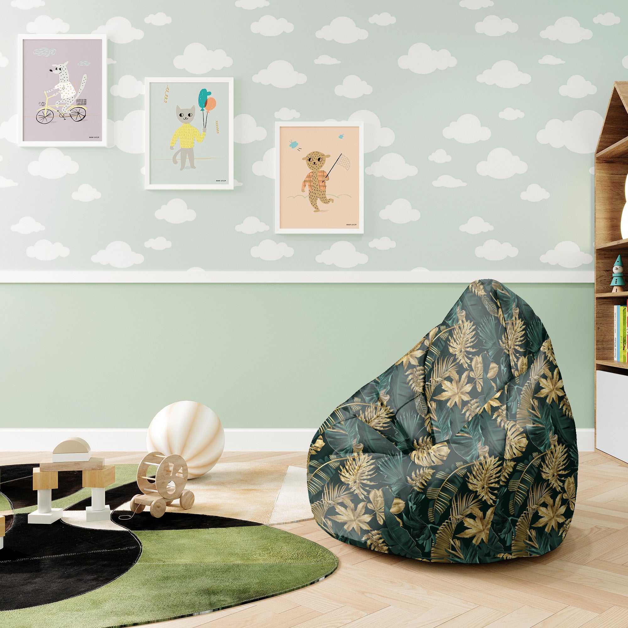 Puf Pearshape Monstera Gold Green-S-Velvet