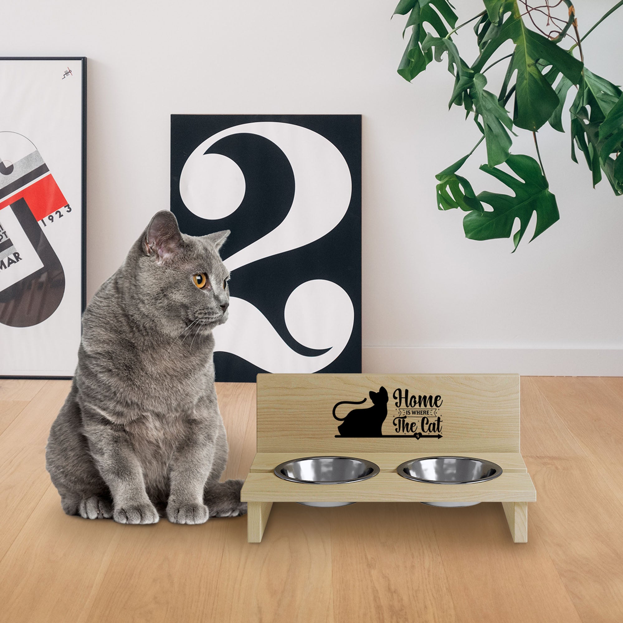 Cat Bowl Stand Home is Where the Cat is-L