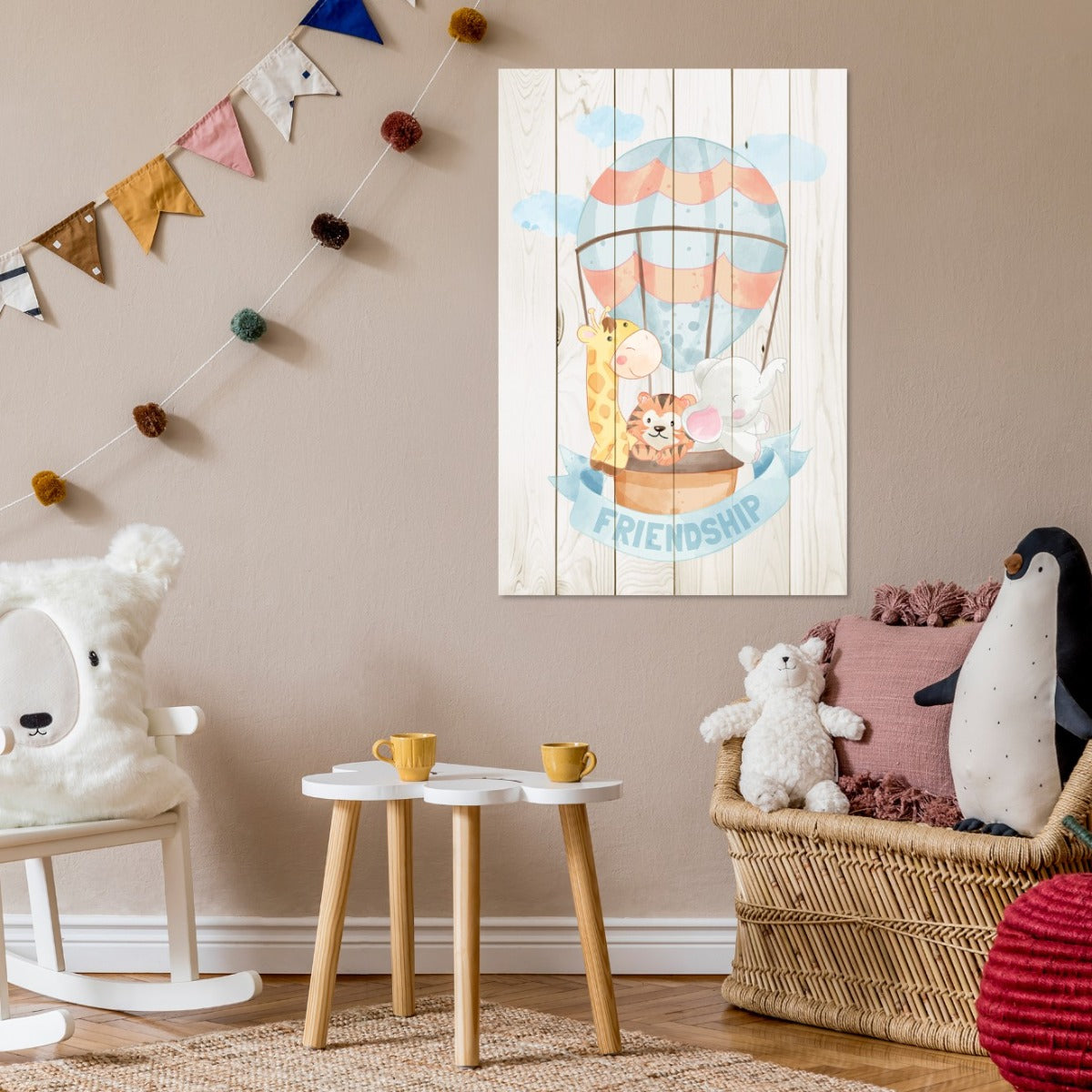 Wood Picture Animal Friends in Balloon