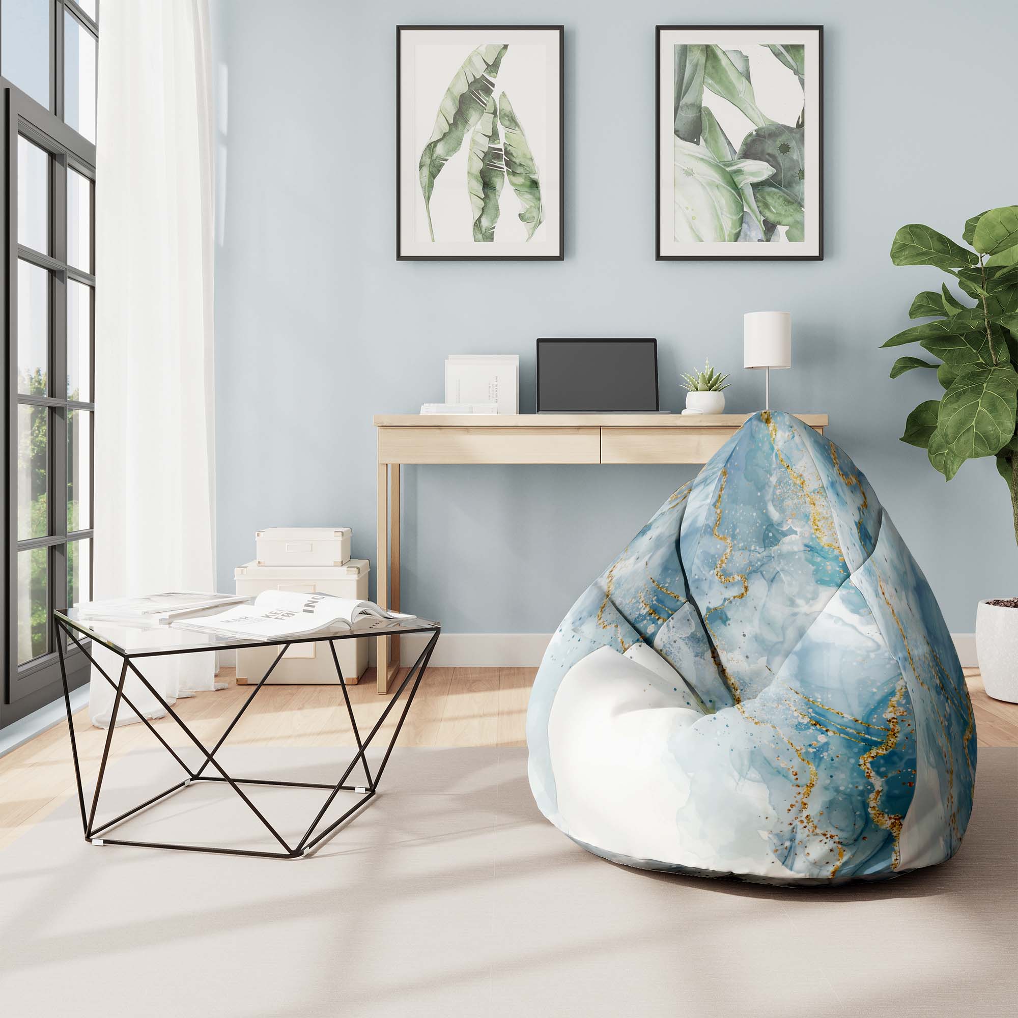 Pearshape Pouf Blue Elegant Marble-Velvet