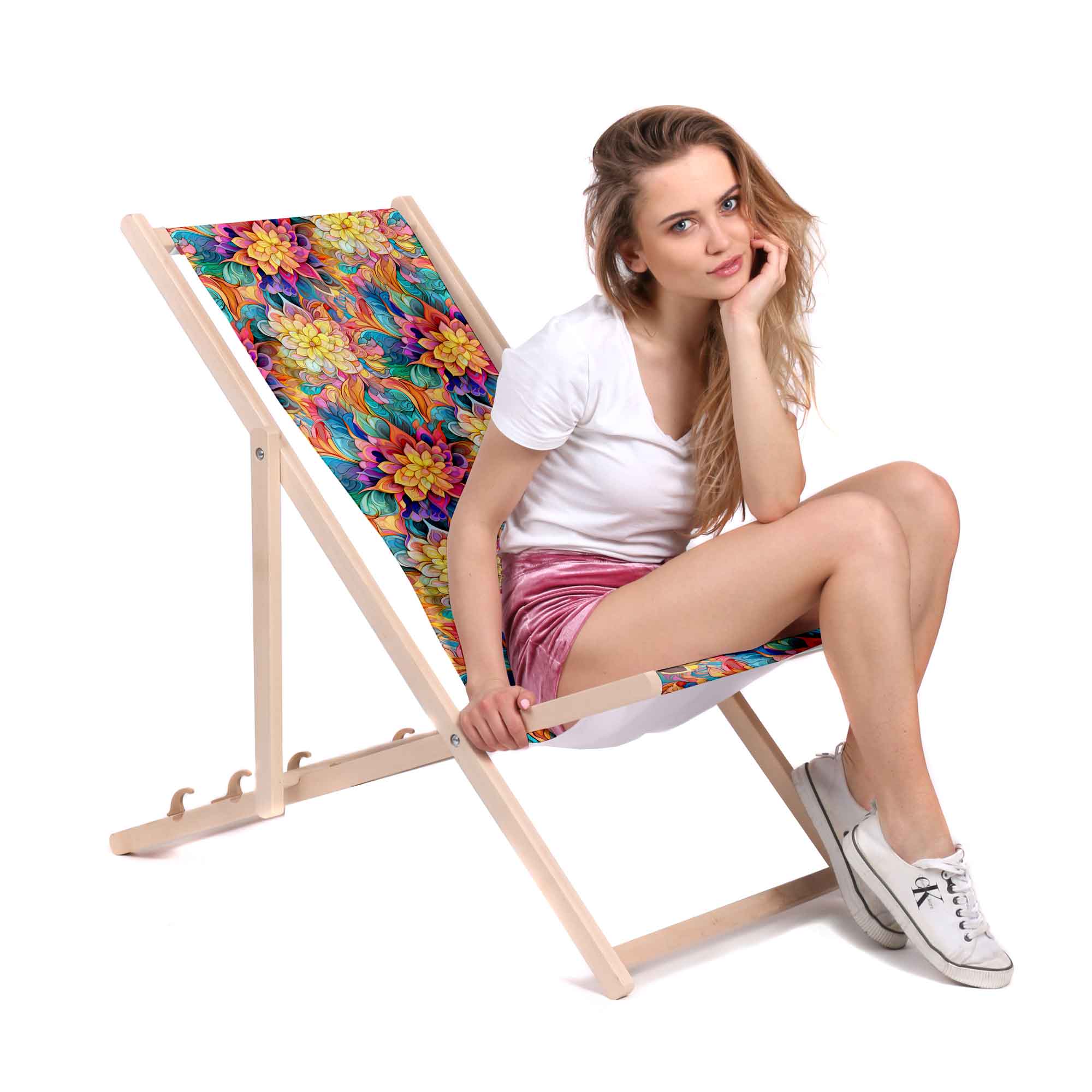 Wooden Deck Chair Botanical Floral Geometric Pattern-S