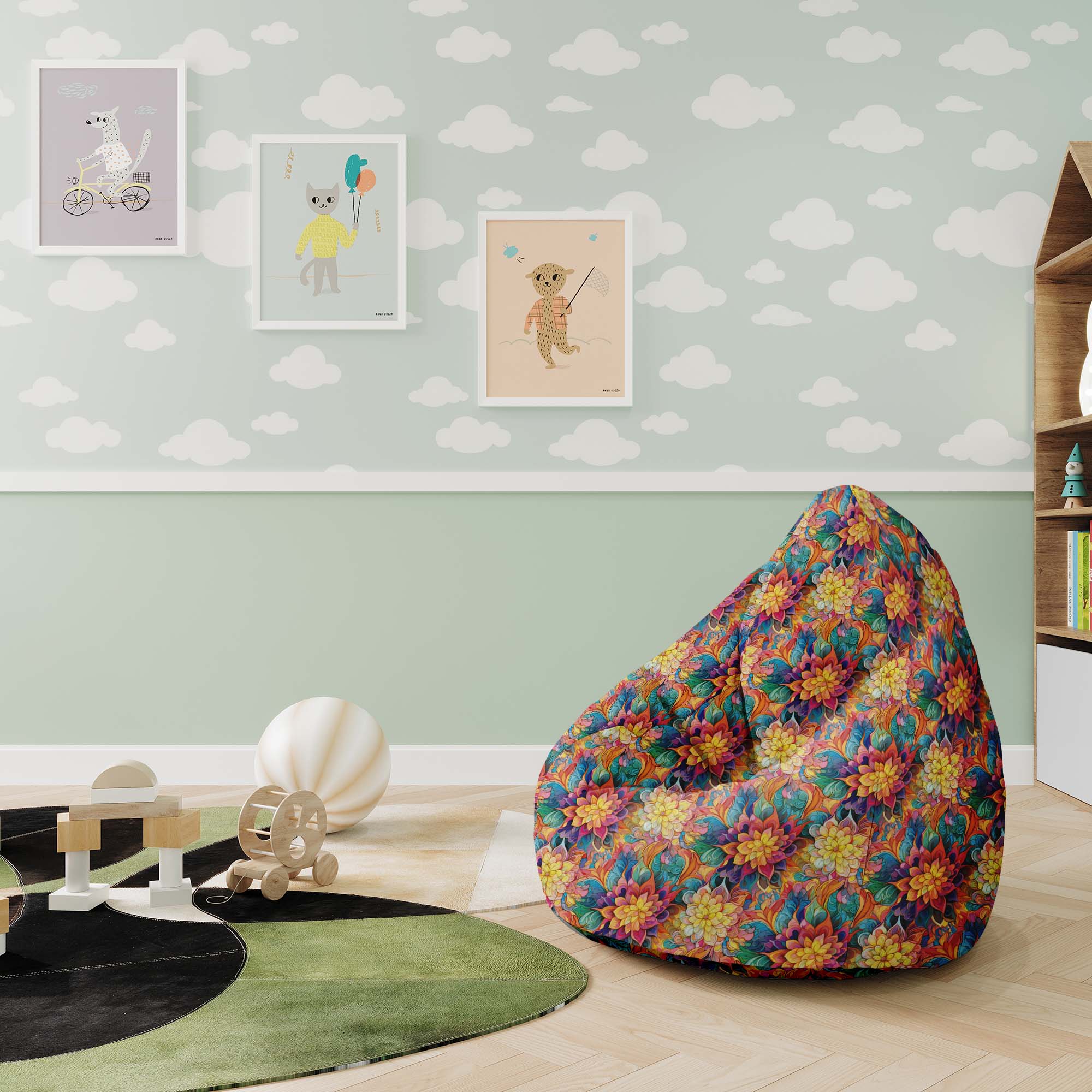 Puf Pearshape s botanickým květinovým geometrickým vzorem