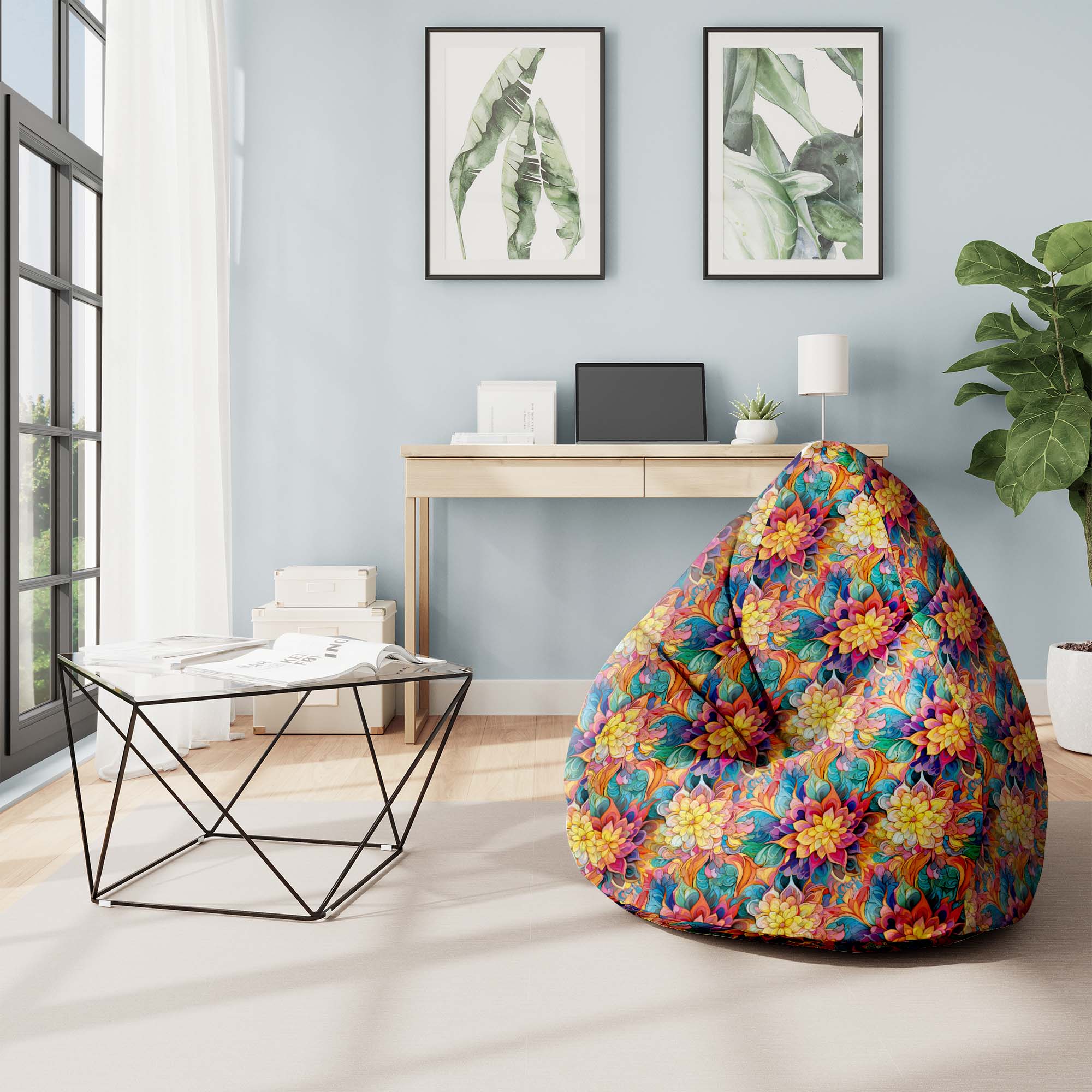 Puf Pearshape s botanickým květinovým geometrickým vzorem