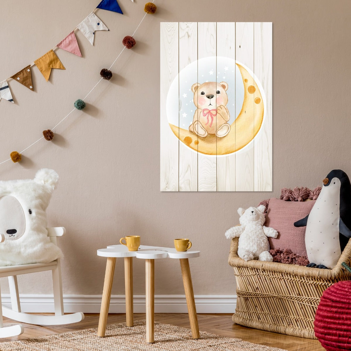 Wood Picture Cute Bear Sitting Moon Watercolor