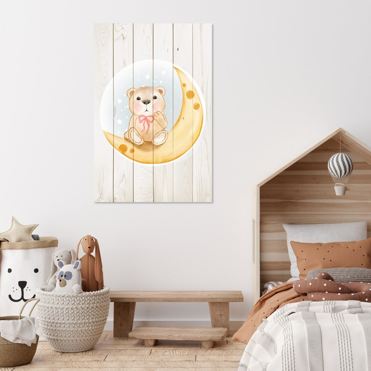 Wood Picture Cute Bear Sitting Moon Watercolor