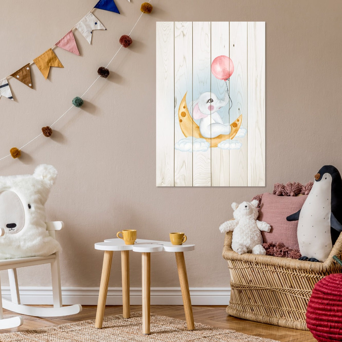 Wood Picture Cute Elephant Sitting Moon-60x90 cm
