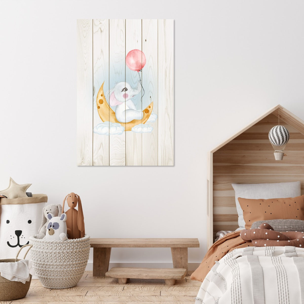 Obraz Dřevěný roztomilý slon sedící na měsíci-30x40 cm
