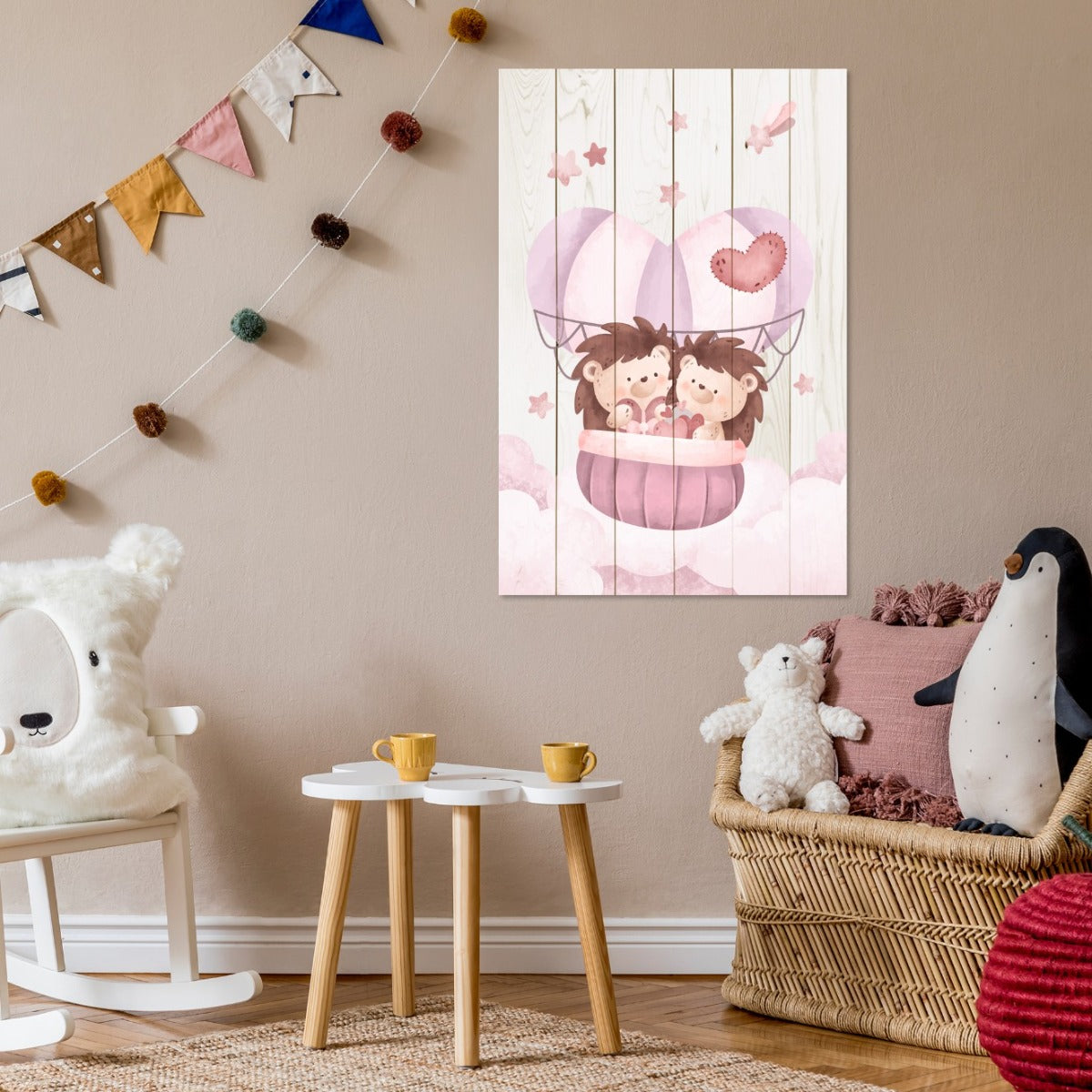 Wood Picture Cute Hedgehogs in the Clouds-60x90 cm