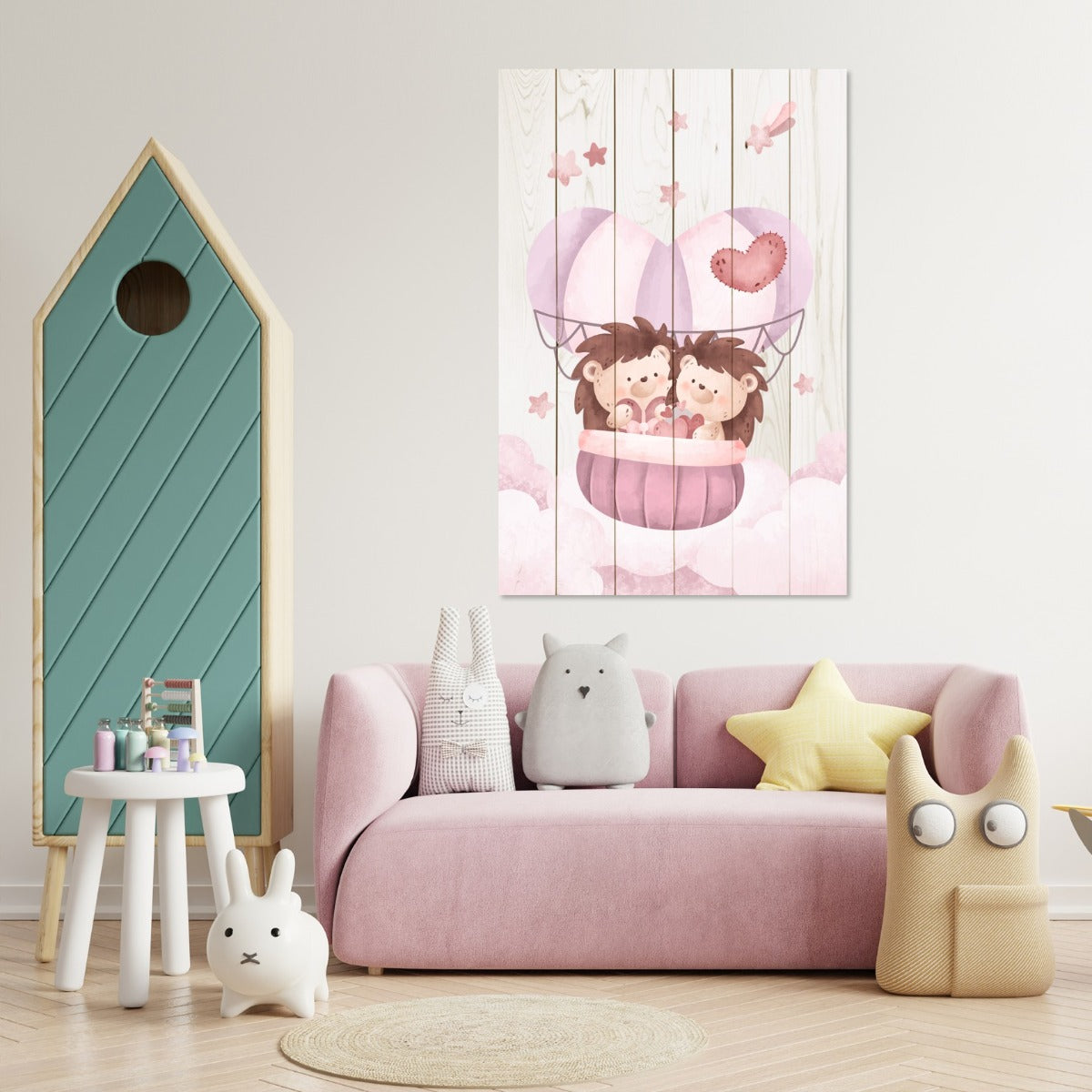 Wood Picture Cute Hedgehogs in the Clouds-20x30 cm