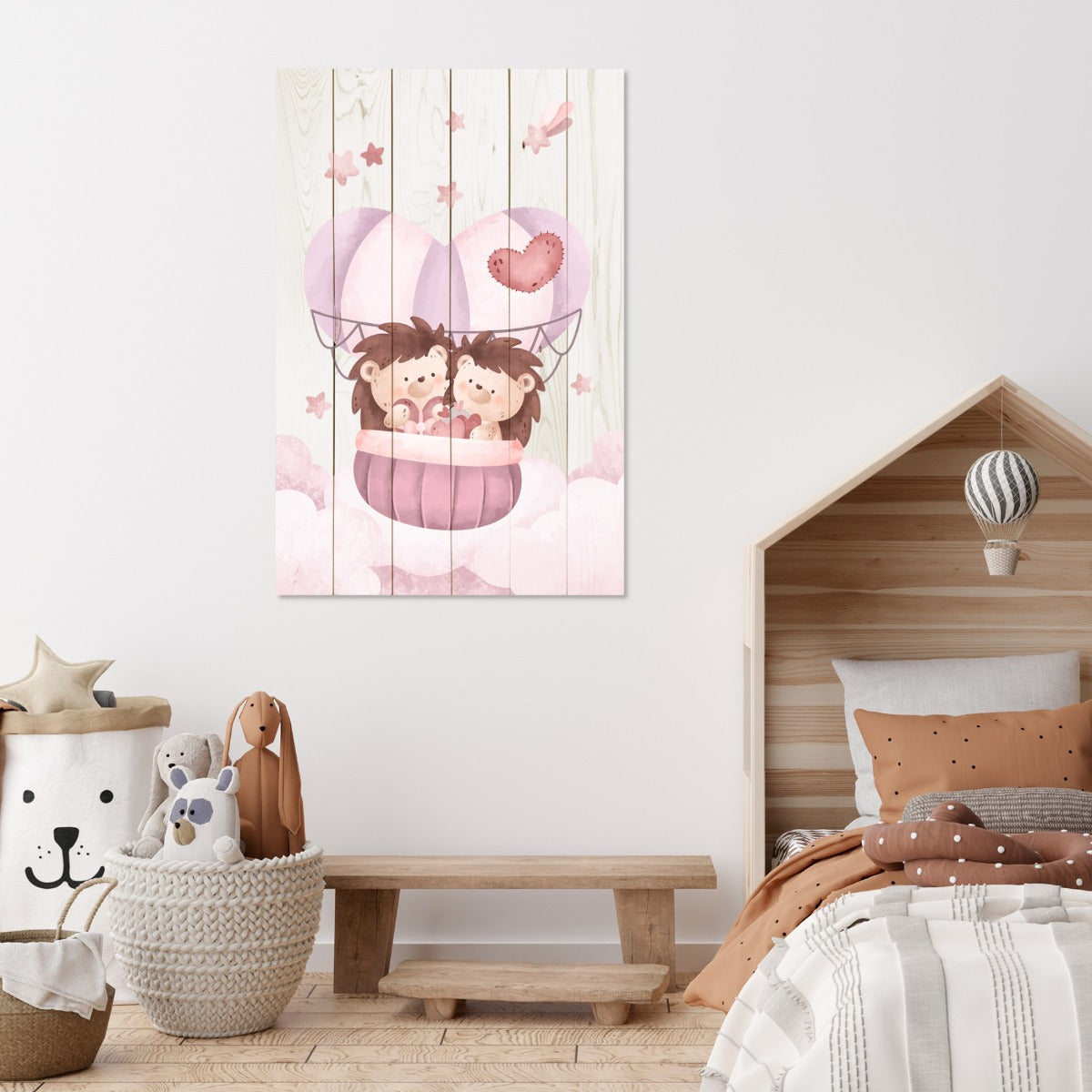 Wood Picture Cute Hedgehogs in the Clouds-30x40 cm