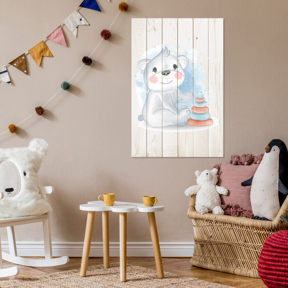 Bild Holz Niedlicher Koala spielt mit Spielzeug-40x60 cm