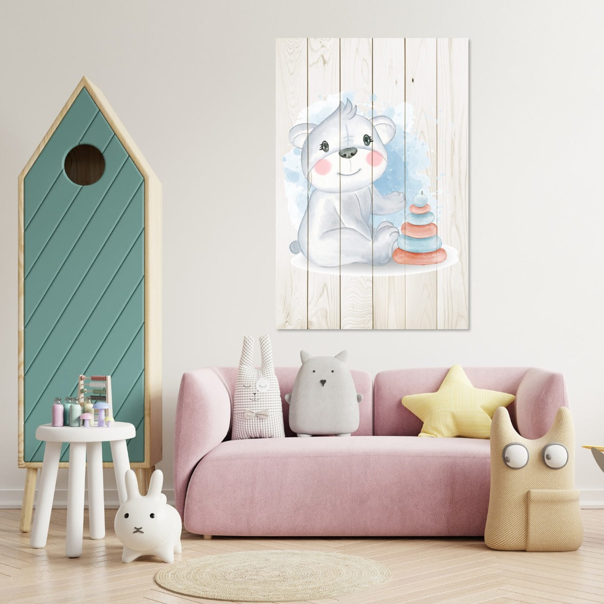 Bild Holz Niedlicher Koala spielt mit Spielzeug-30x40 cm