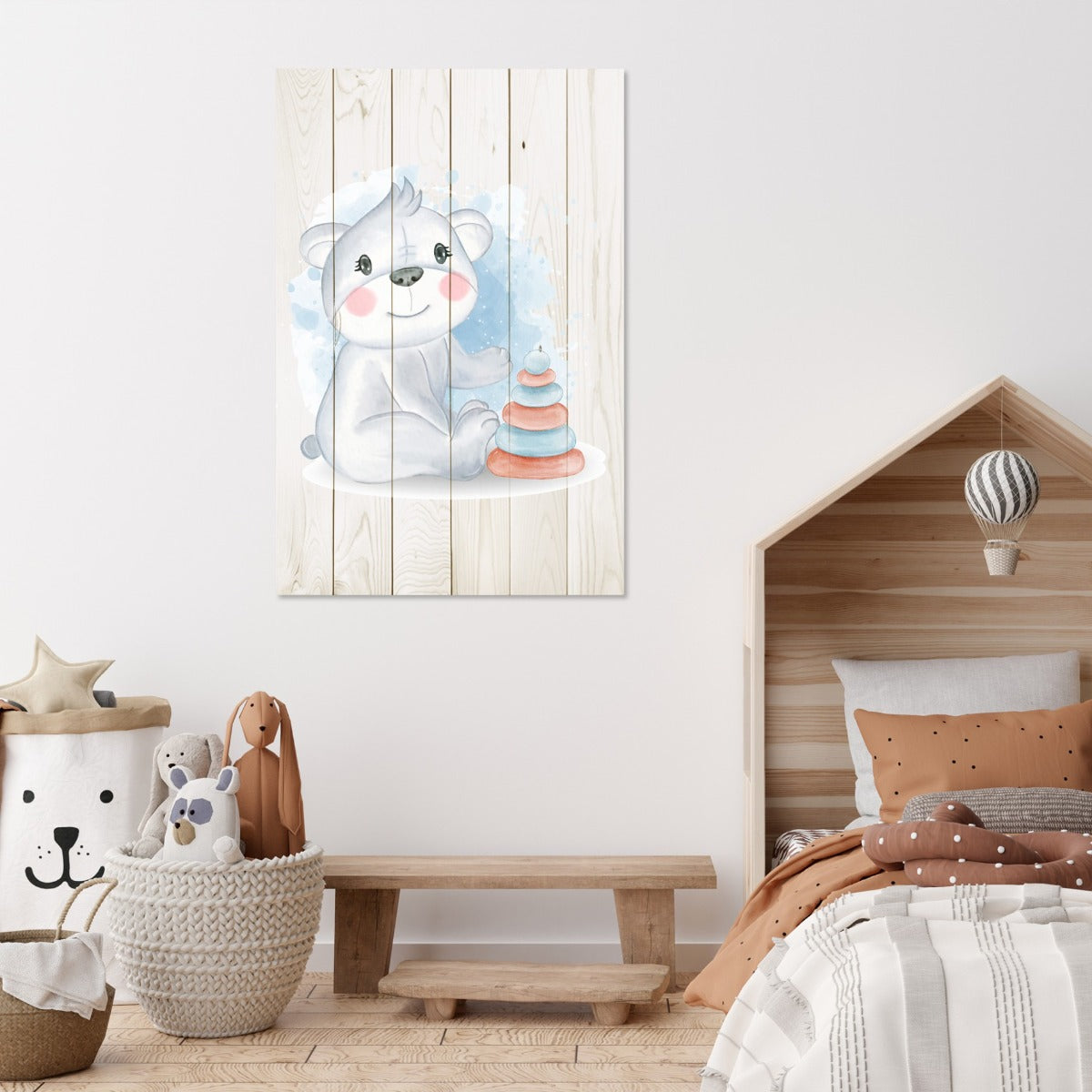 Bild Holz Niedlicher Koala spielt mit Spielzeug-30x30 cm