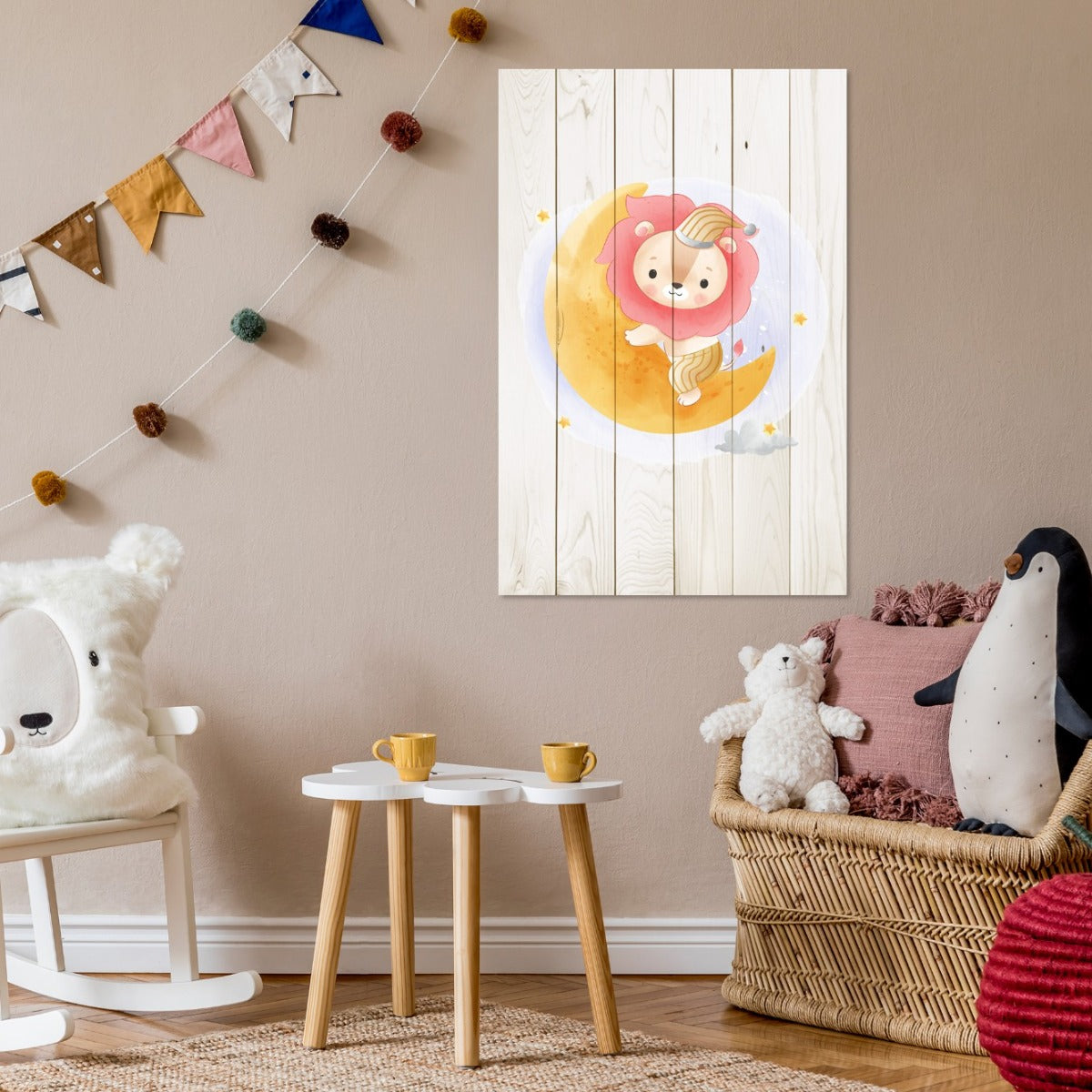 Obraz Wood Cute Lion Sitting Moon-50x70 cm