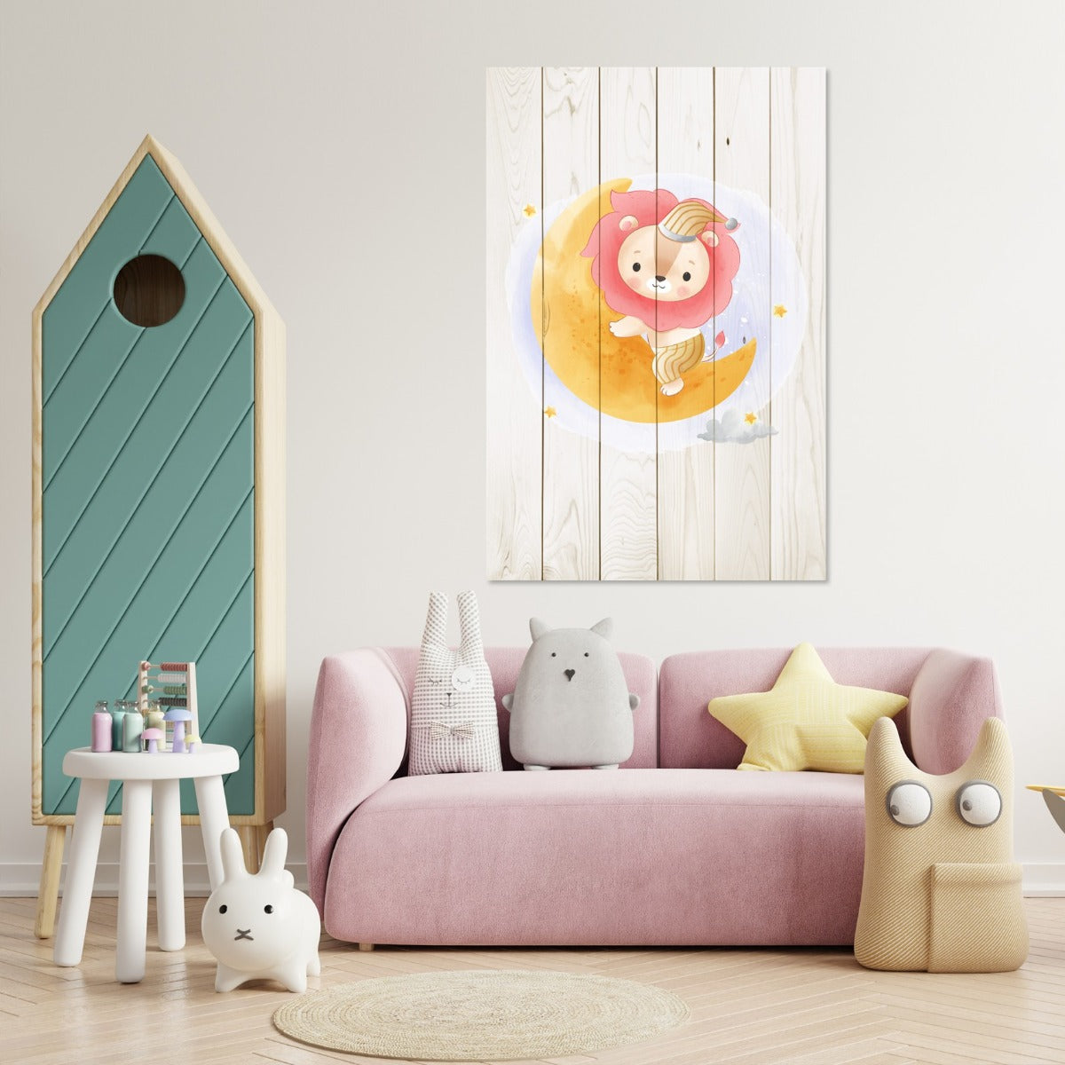 Obraz Wood Cute Lion Sitting Moon