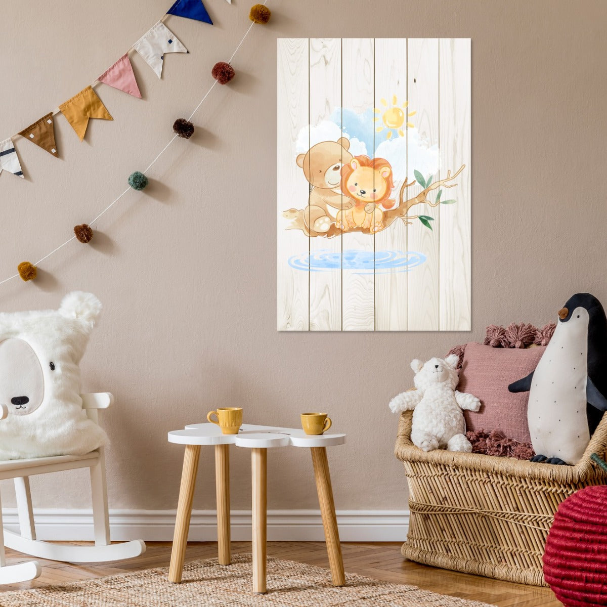 Wooden Picture Cute Little Lion and Bear-20x30 cm