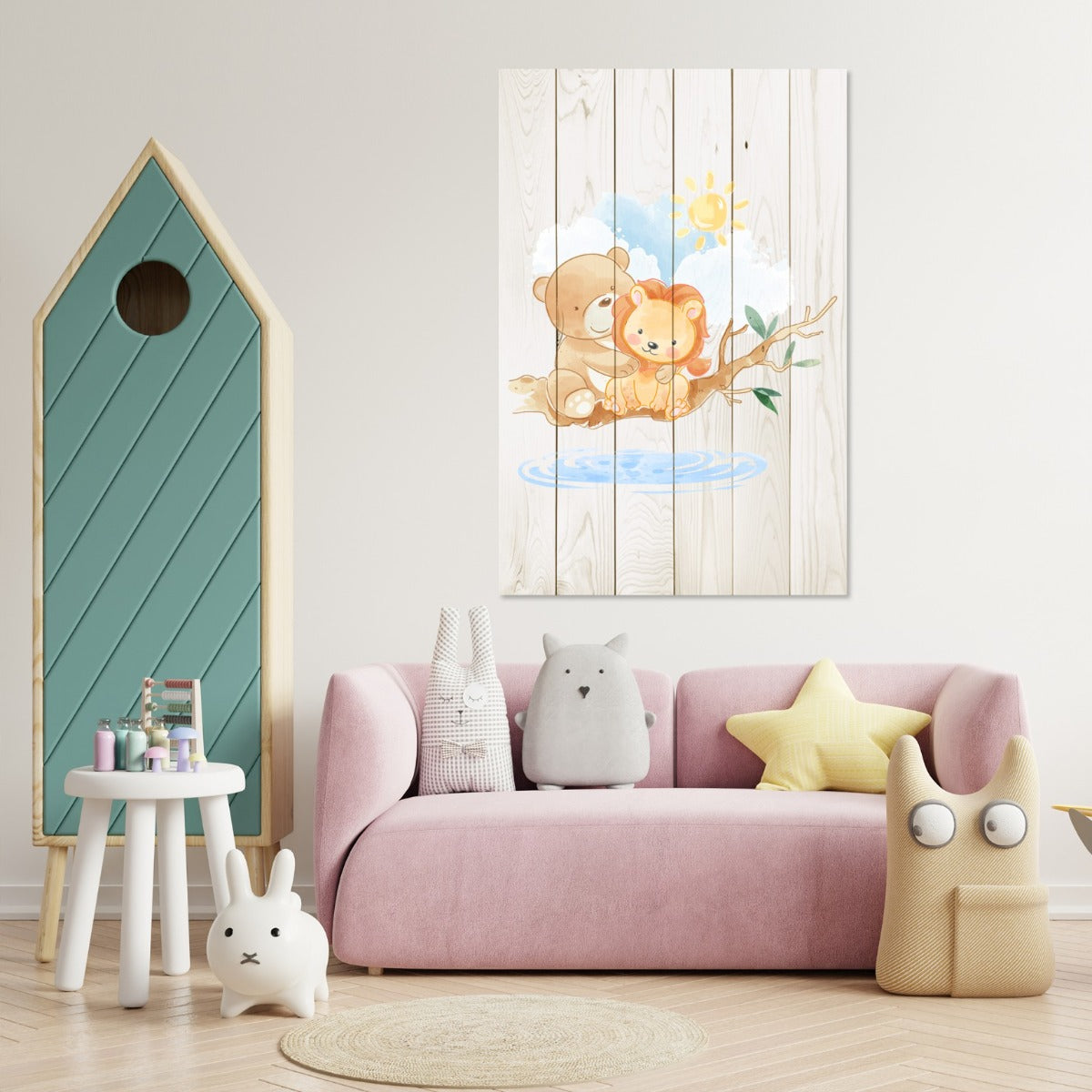 Wooden Picture Cute Little Lion and Bear-30x30 cm
