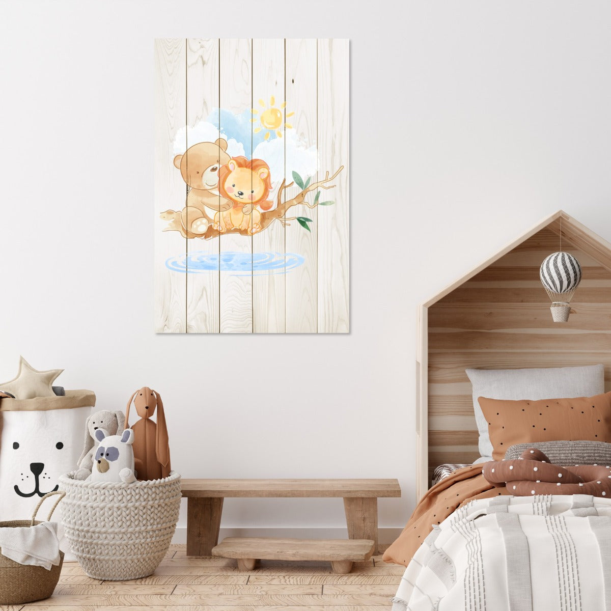 Wooden Picture Cute Little Lion and Bear-40x60 cm