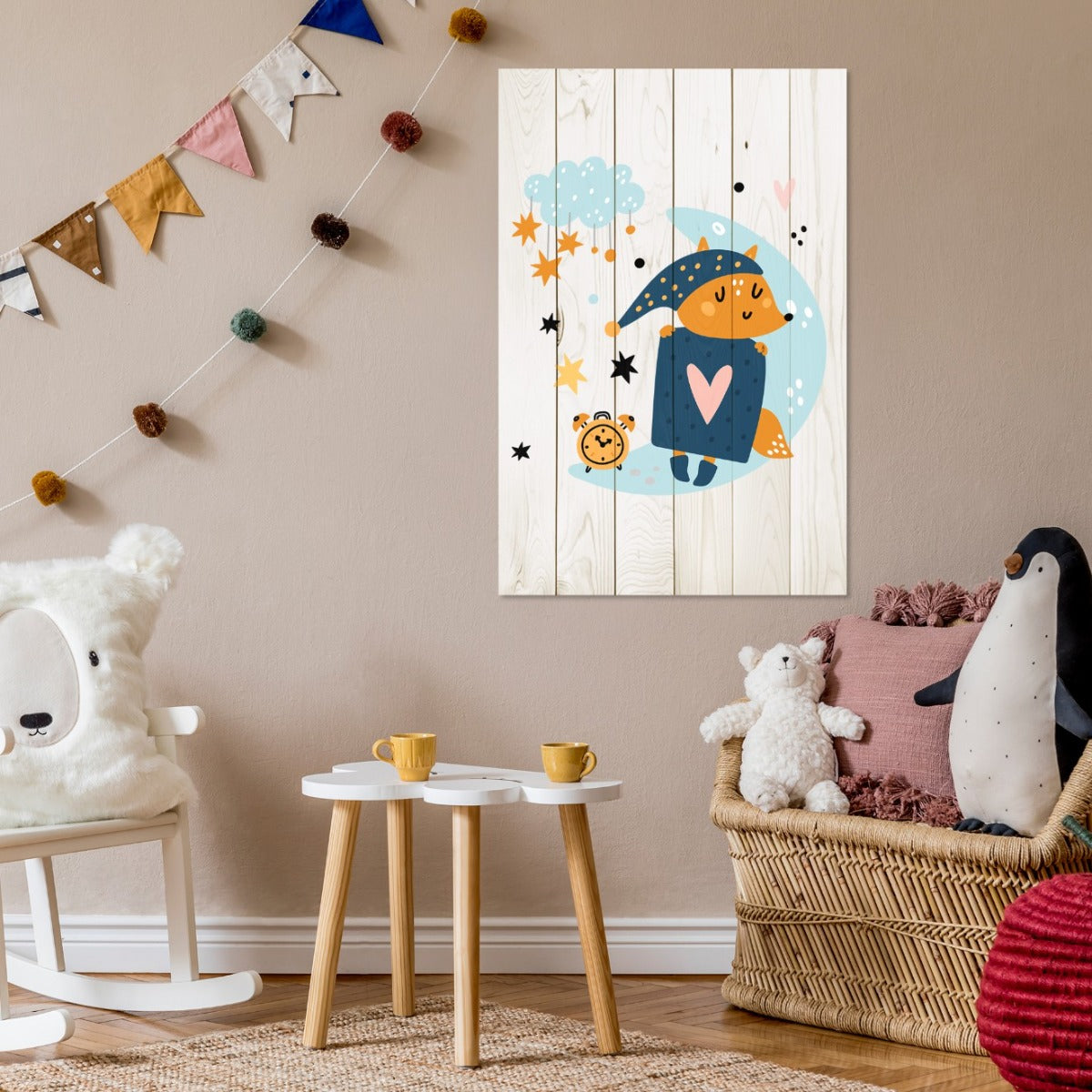 Bild Wood Niedlicher schlafender Fuchs-60x90 cm