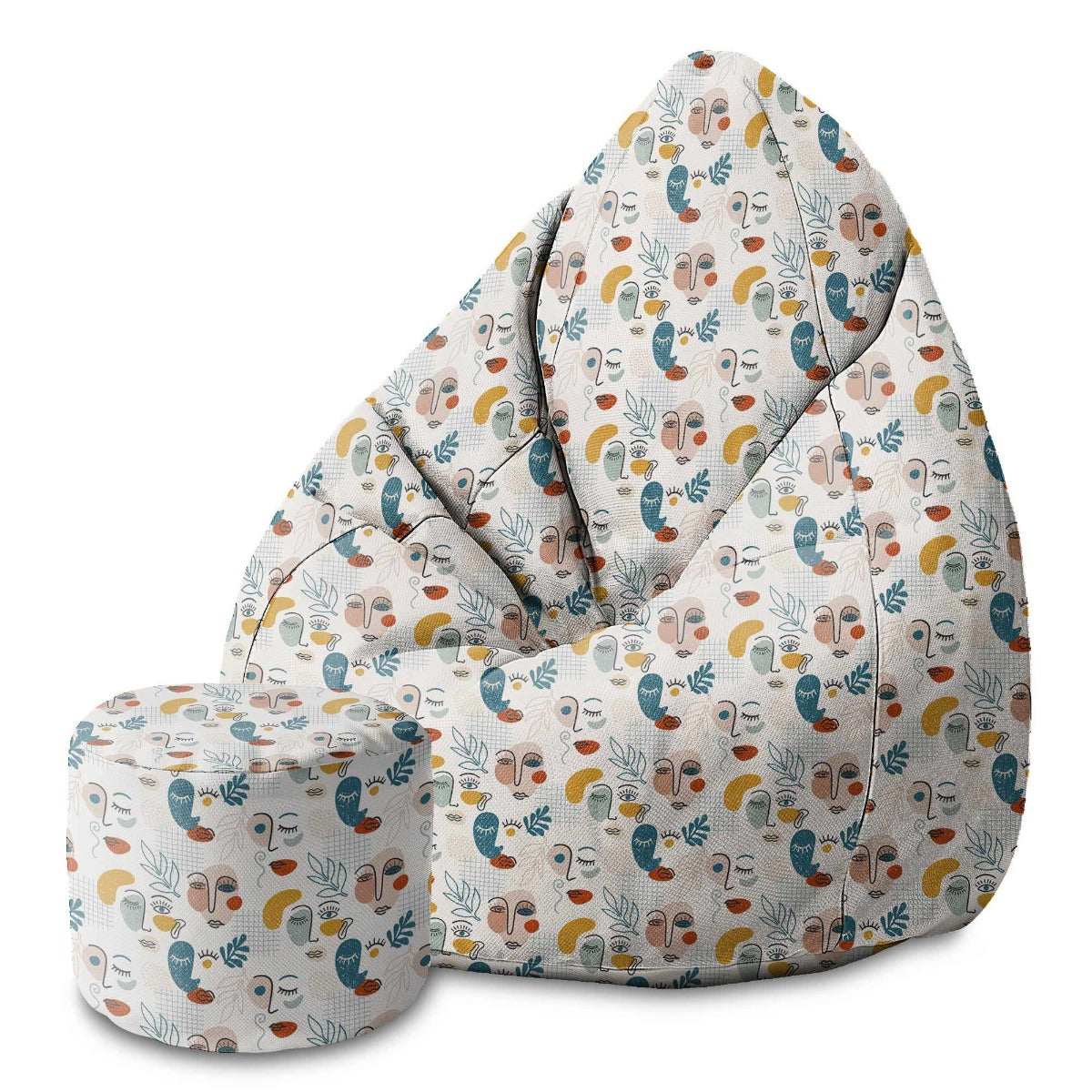 Round Pouf Footstool Abstract Faces-Velvet