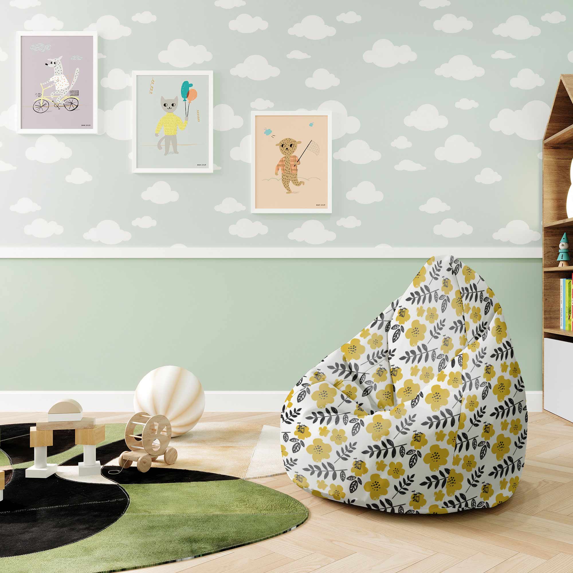 Puf Pearshape Painted Yellow Flowers-M-Oxford