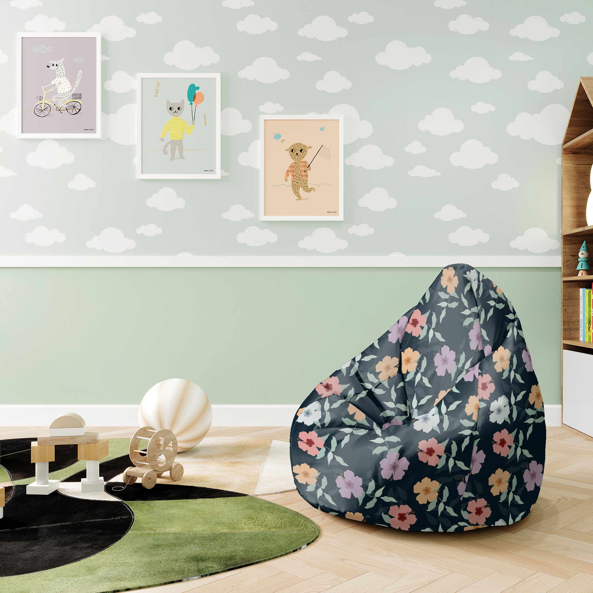 Puf Pearshape Simple Flowers na tmavě modrém sametu M
