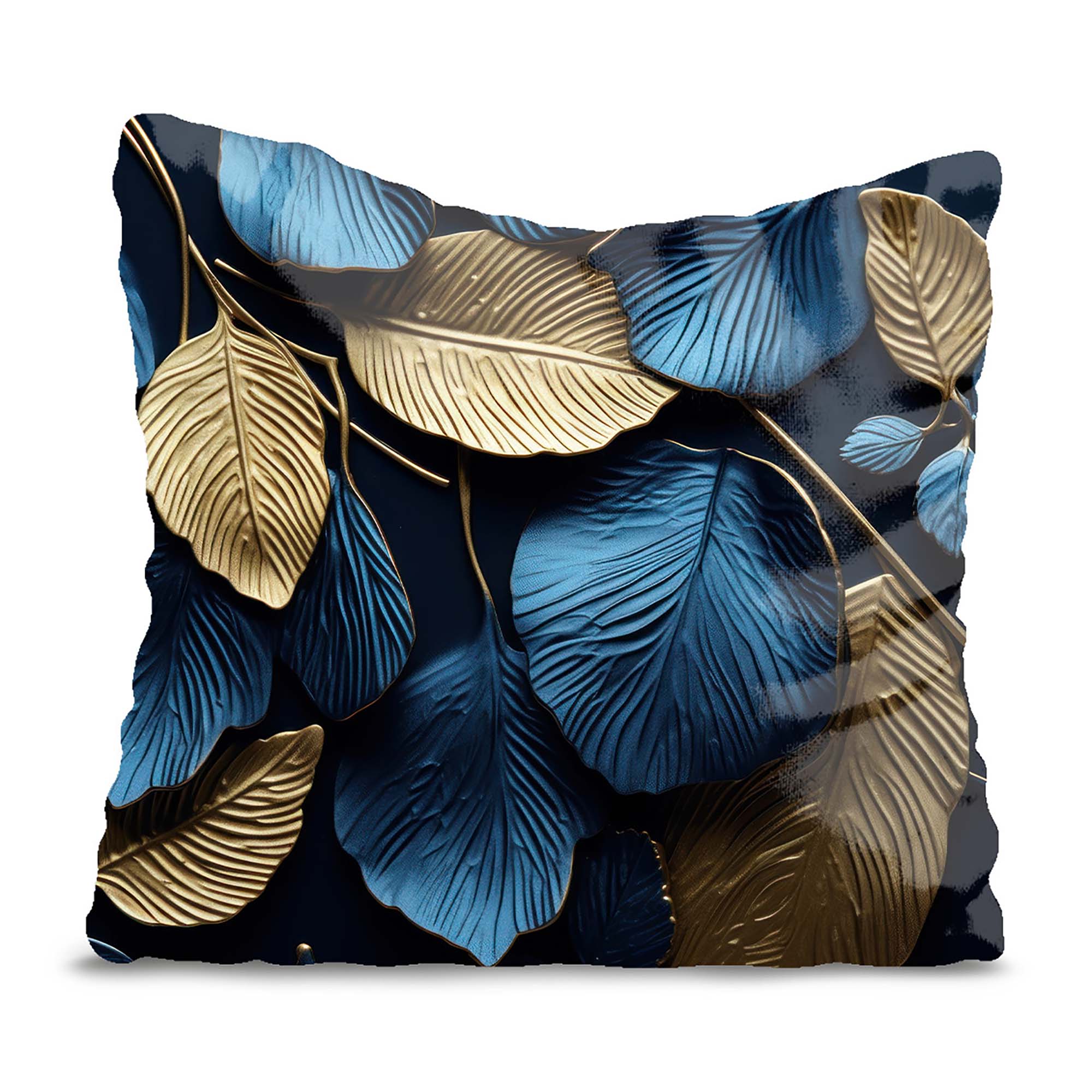 Gold and Blue Leaves Pillow-Panama