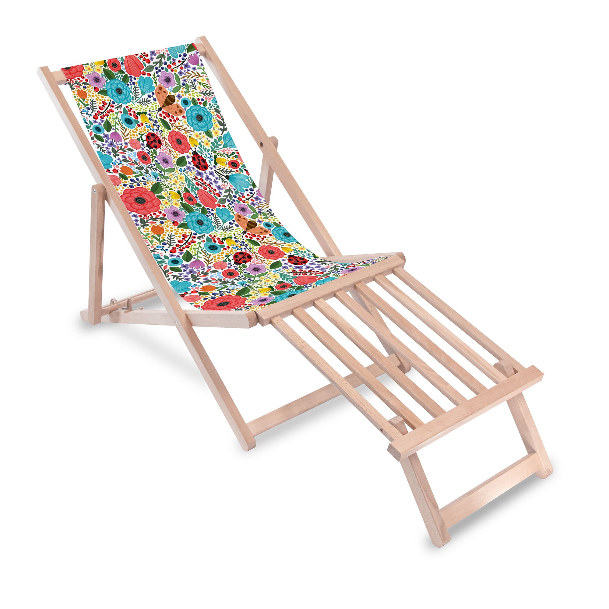 Wooden Deck Chair with Wooden Footrest Spring Flowers