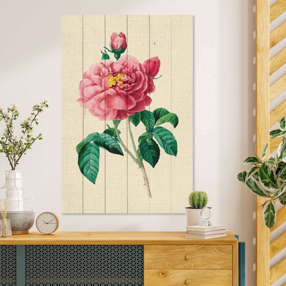 Wood Picture Vintage Pink Flowers-70x90 cm