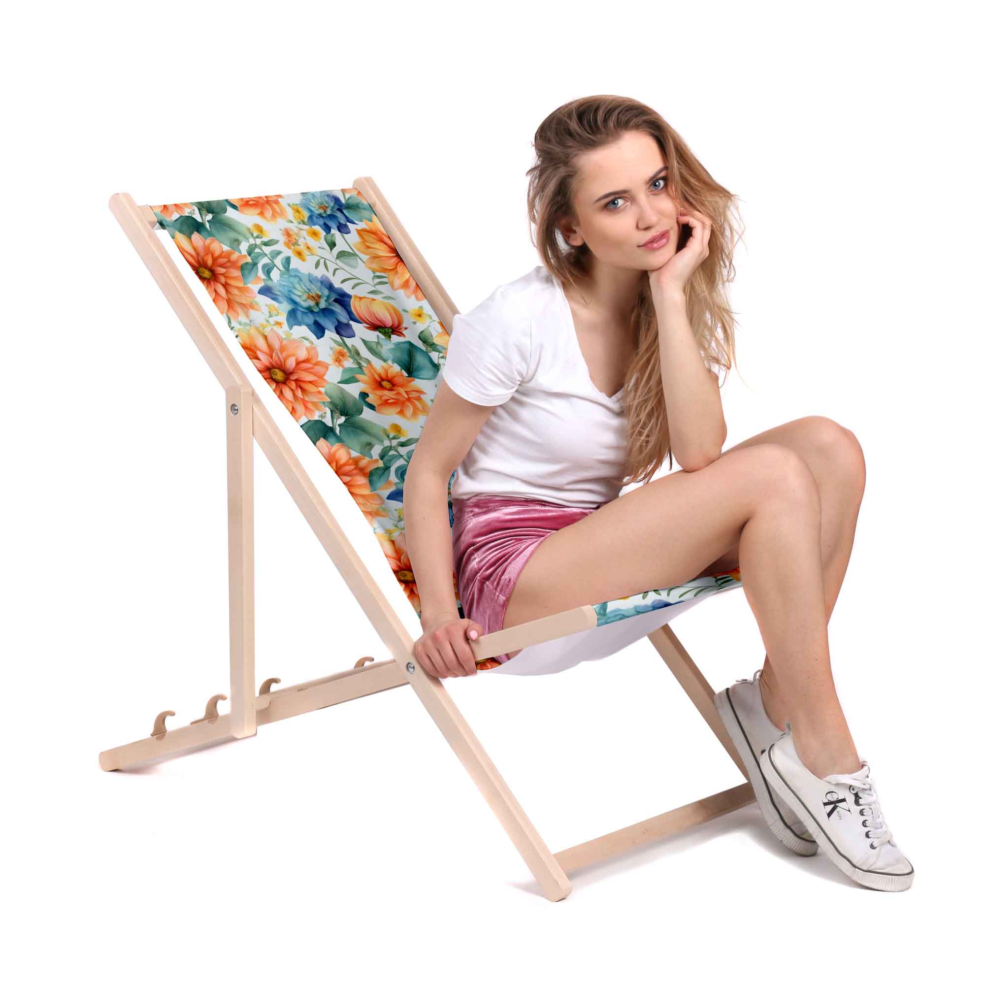 Holzliegestuhl Aquarell Blätter und Blumen