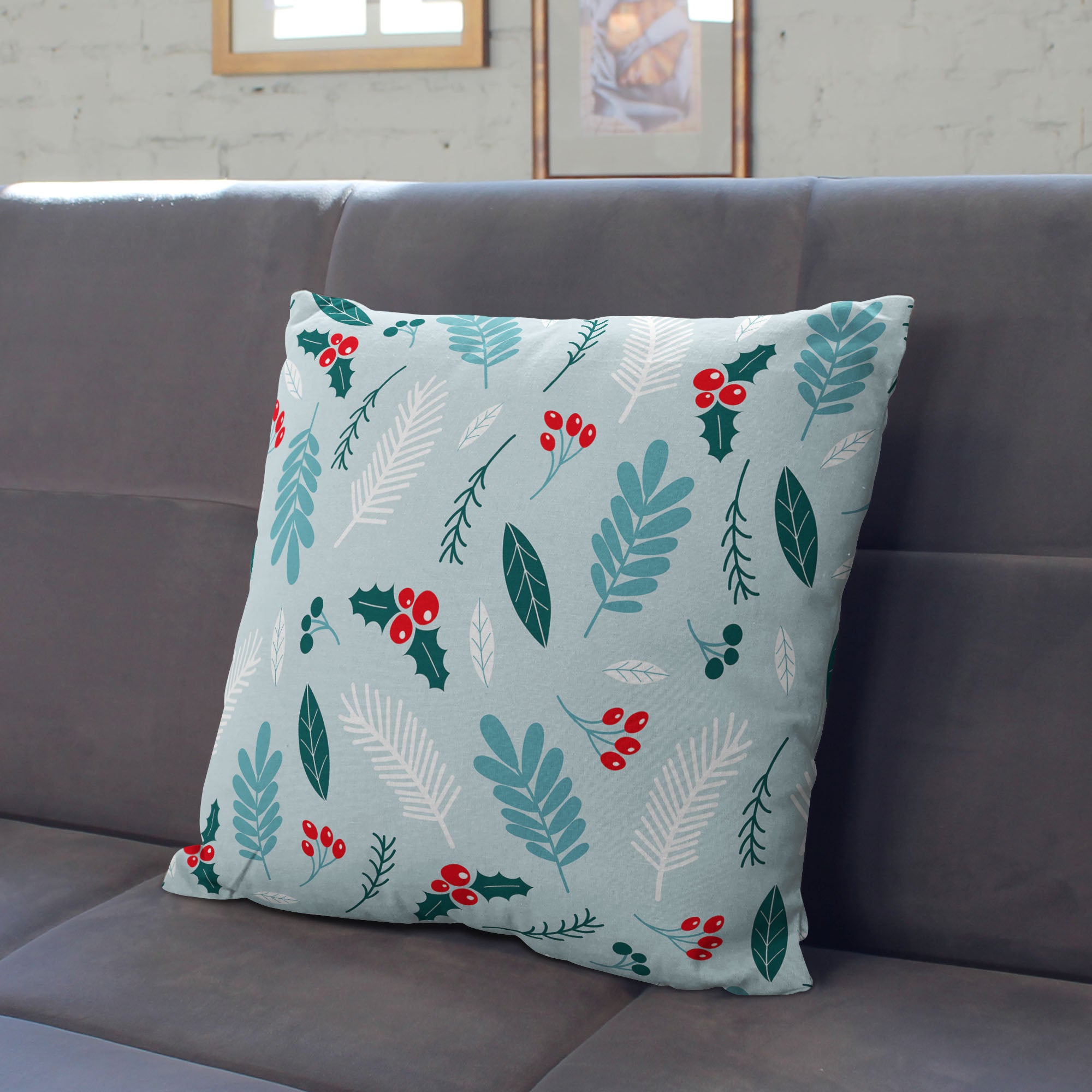 Kissen Winter Nahtloses Muster mit Stechpalmenbeeren-Velvet
