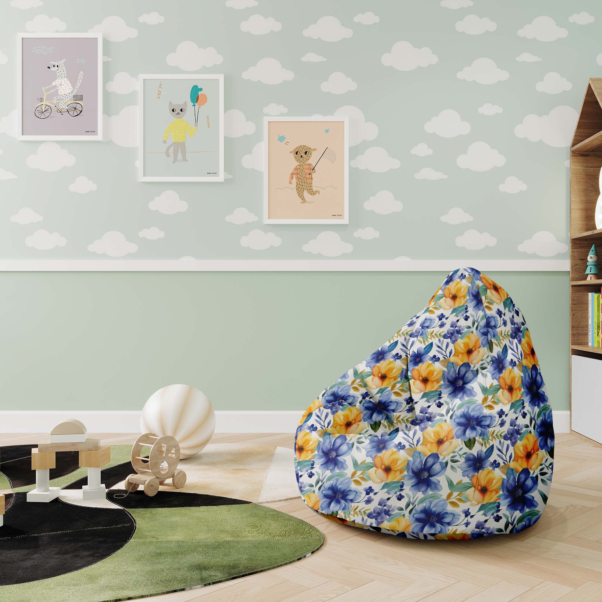 Pearshape Pouf Yellow and Blue Flowers-S-Oxford