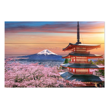 Obrázek na dřevo Cherry Blossoms and Fuji Mountain