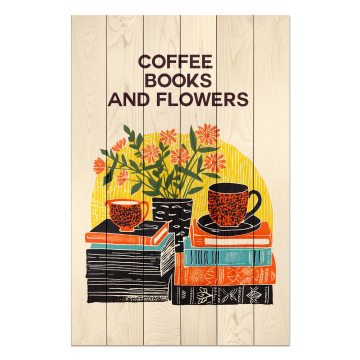 Obrázek na dřevo Coffee Books Flowers